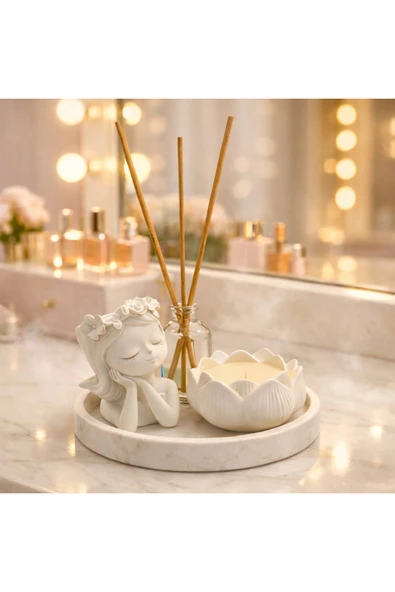 aymumi home Dekoratif Kız Biblo Tealight Mumluk ve Bambu Çubuklu Oda Kokusu Seti Ev Dekoru Masa Üstü Aksesuarı ürün görseli 1