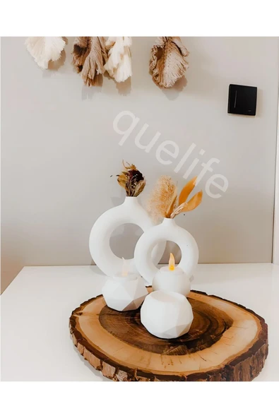 Quelife 2li Halka Vazo Ve 3 Lü Tealight Mumluk Bohem Set(14,5X13/10X10) halkave3lümumluk ürün görseli 1