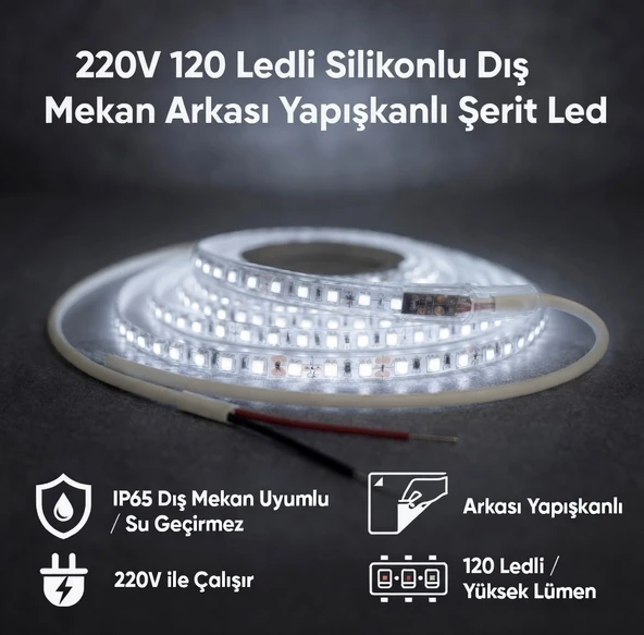 220V 120 LED Dış Mekan Şerit LED Beyaz Işık Arkası Yapışkanlı Suya Dayanıklı Dekoratif Aydınlatma ürün görseli 1