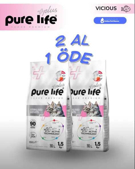Pure Life Plus Somonlu Kısırlaştırılmış Yetişkin Kedi Maması 1.5 KG x2 ürün görseli 1