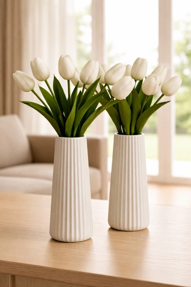 millonu 2'li Modern Dekorasyon İçin Şık Beyaz Çizgili Seramik Çiçek Vazo 19cm - Minimal ve Zarif Vazo Modeli ürün görseli 1
