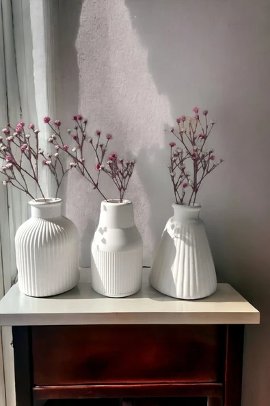 ALLEZA HOME Dekoratif Üçlü 10 Cm Minyatür Beton Iskandinav Tarz Minimal Pampas Kuru Çiçek Vazo Seti ürün görseli 1