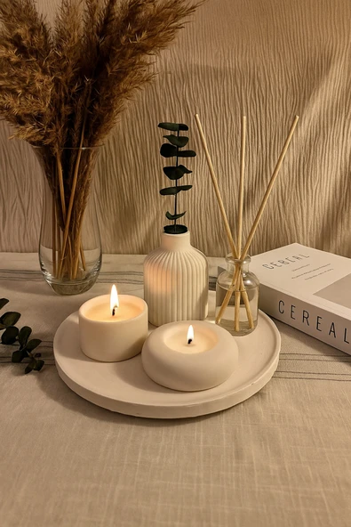 aymumi home Dekoratif 5li Set Mum Çizgili Vazo Tealight mumluk ve Oda Kokusu Seti ürün görseli 1