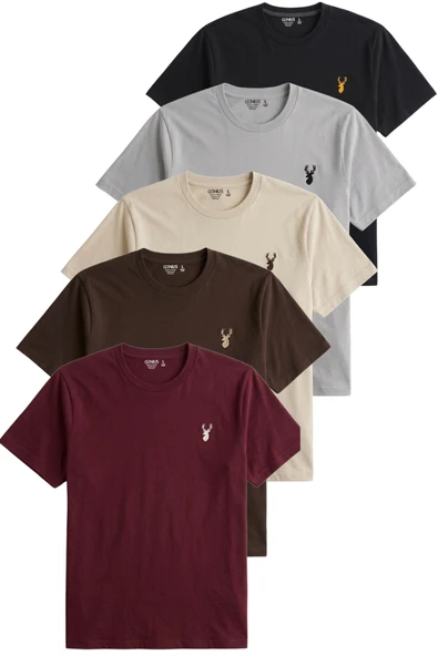 Erkek 5'li Tişört %100 Pamuk Süprem Rahat Kalıp Basic Tişört Bisiklet Yaka Nakışlı T-shirt ERKEK-5Lİ ürün görseli 1