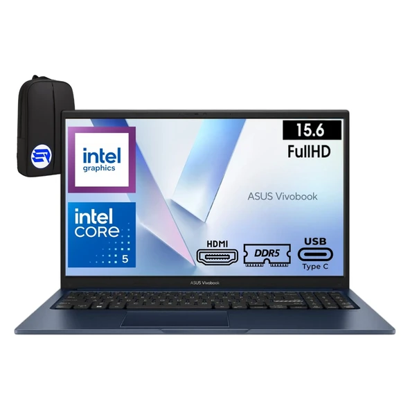 Asus Vivobook 15 X1504VA-BQ5382WEP9 Core 5 120U 40GB Ram 256GB SSD Windows 11 Home 15.6'' + Elektropasaj Çanta ürün görseli 1