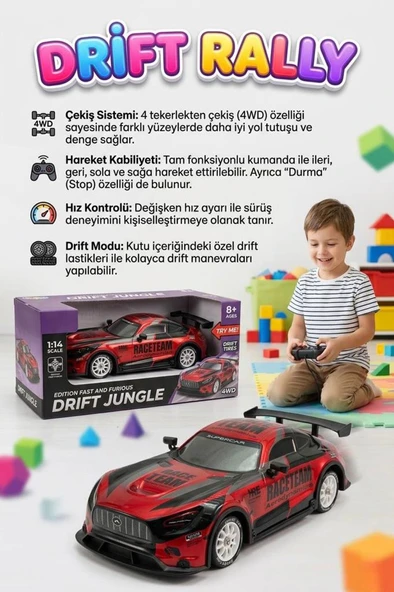 Uzaktan Kumandalı Işıklı 7 Fonksiyonlu 1:14 4 Çeker 10 Km/s Hızlı 4 Yedek Lastikli Oyuncak Drift Arabası ürün görseli 1