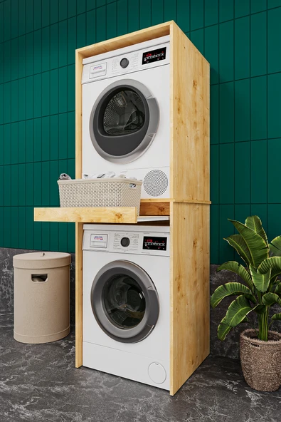 Lüks Çekmeceli Çamaşır Makinesi Dolabı %100 MDF Çamaşır Kurutma Banyo Dolabı BD05  SAFİR MEŞE ürün görseli 1