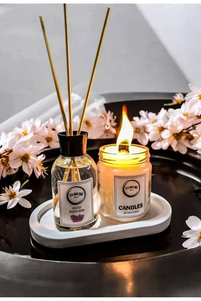 aymumi home Pudra kokulu Bambu Çubuklu Oda Kokusu,Kokulu Mum ve Stand Seti ürün görseli 1
