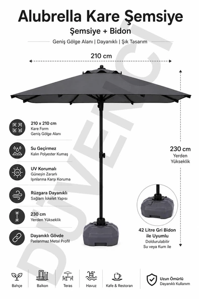 Alubrella Antrasit Kare Güneş Şemsiyesi, 210x210 / 8 Telli, BİDONLU ürün görseli 1