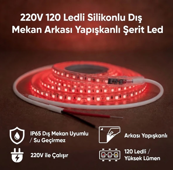 220V 120 LED Dış Mekan Şerit LED Kırmızı Işık Arkası Yapışkanlı Suya Dayanıklı Dekoratif Aydınlatma ürün görseli 1