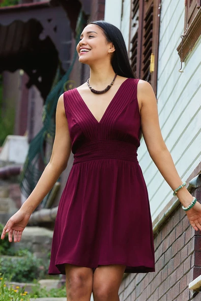 V Yaka Beli Gipeli Mini Elbise - Resim 3
