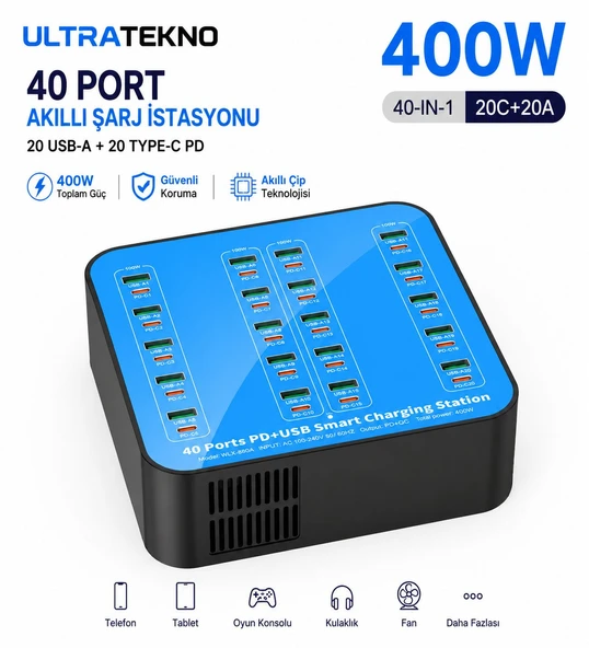 Ultratekno 40 Port Şarj İstasyonu 400W 20 USB 20 Type-C PD Multi Port Akıllı Hızlı Şarj Cihazı ürün görseli 1