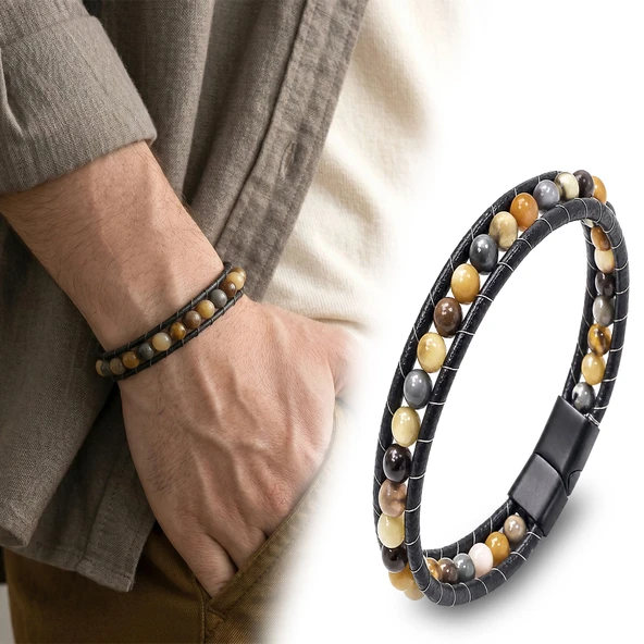 ? Premium 6Mm Yemen Akik Deri Kordon Ve Çelik Bileklik 31832B2D6M19 ürün görseli 1