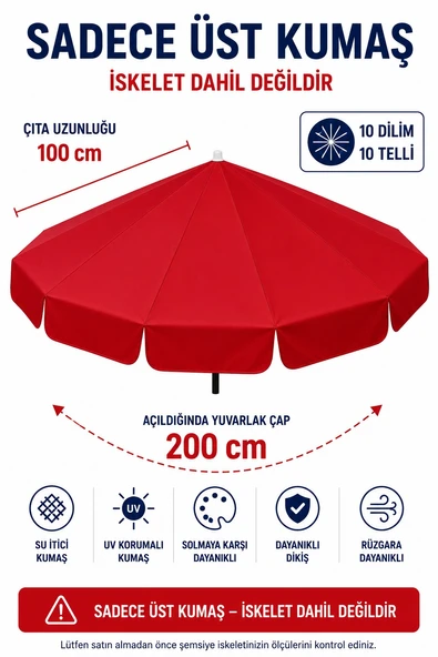 Kırmızı Polyester Kumaş, 200 cm / 10 telli (plaj şemsiyesi uyumlu) ürün görseli 1