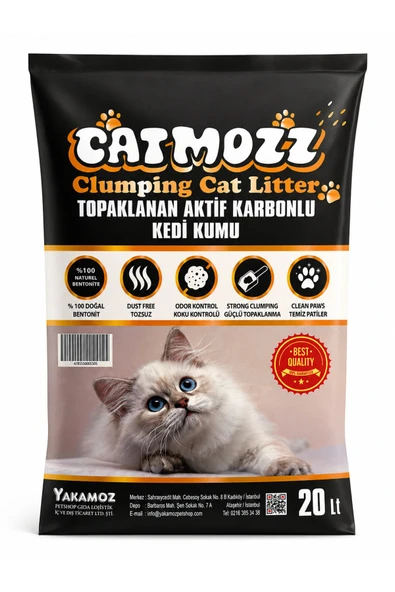 CatMozz 20 Lt Aktif Karbonlu İnce Taneli Topaklaşan Bentonit Kedi Kumu ürün görseli 1