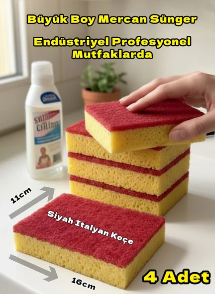 Technow Lüx Kırmızı İtalyan Keçeli Catering/Restaurant Büyük Boy Mercan Bulaşık Süngeri 4 Adet ürün görseli 1
