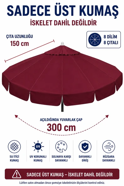 Bordo Polyester Kumaş (300 cm / 8 telli makaralı şemsiye ile uyumlu) ürün görseli 1
