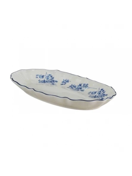 Acar Vintage Garden Mavi Çiçek Desenli Beyaz Porselen Oval Tabak 32x19 cm ürün görseli 1