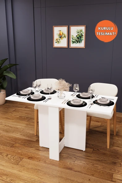 Lüks Katlanır Mutfak Yemek Masası %100 MDF Pratik Çalışma Masası KM32  BEYAZ ürün görseli 1