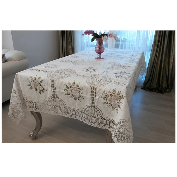 Keten Tığ ve Kurdela El İşi  Nakışlı 170x225 cm  Masa Örtüsü ürün görseli 1