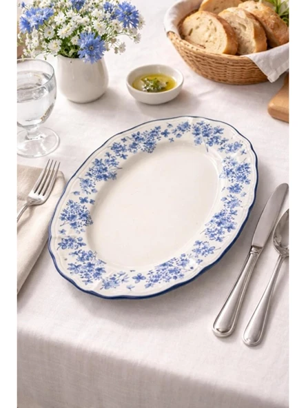 Acar Vintage Garden Mavi Çiçek Desenli Beyaz Porselen Oval Tabak 25x18 cm ürün görseli 1