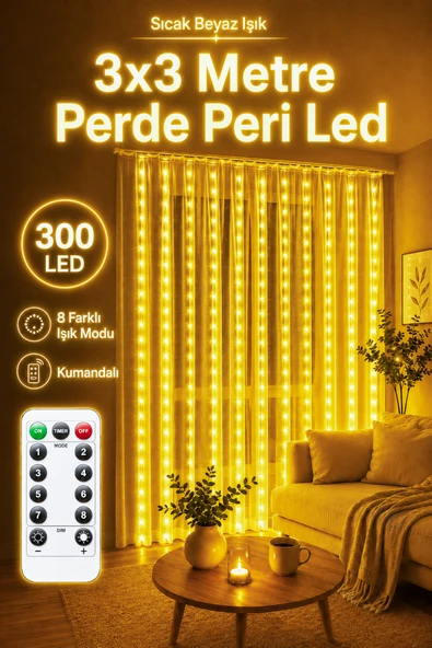 8 MOD Perde Ledi 300 LED 3x3m 10 Sarkıt Led Yılbaşı Oda Dekoru Kumandalı Peri Perde Led ürün görseli 1