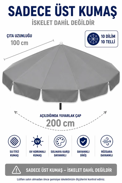 Gri Polyester Kumaş, 200 cm / 10 telli (plaj şemsiyesi uyumlu) ürün görseli 1