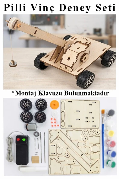 Vinç Deney Seti 1 Paket Vinç Maketi Dc Motor Ahşap Vinç Pilli Deney Bilim Okul Hobi Etkinlik ürün görseli 1
