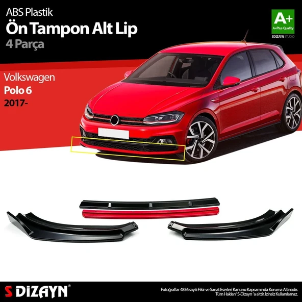 Volkswagen Polo Uyumlu 6 ABS Plastik Ön Tampon Alt Lip Kırmızı Ekli 4 Parça. 2017 Üzeri A+Kalite Parça ürün görseli 1