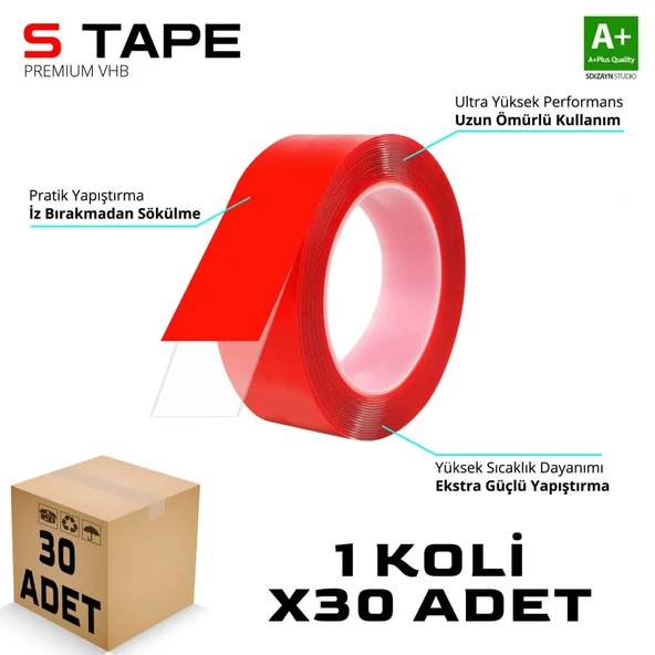 S-Dizayn Çift Taraflı Bant 20mm x 5 Metre Şeffaf Silikon VHB Bant 30'lu Koli A+Kalite ürün görseli 1