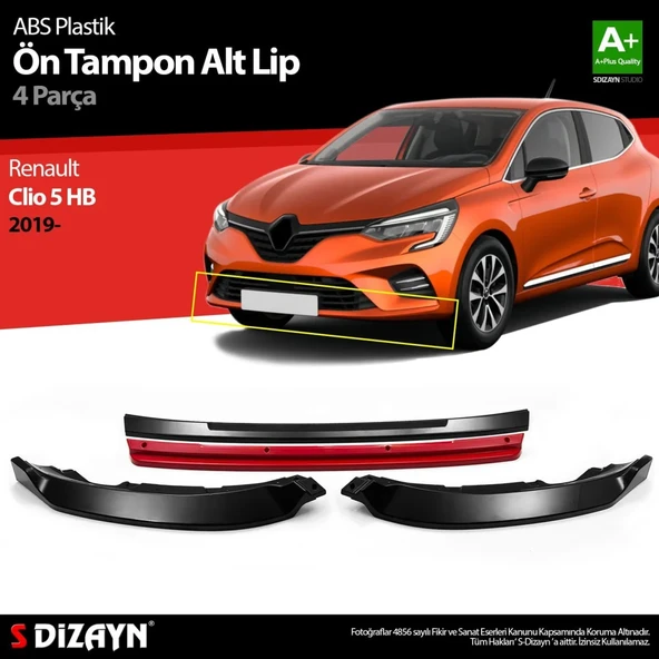 Renault Clio Uyumlu 5 Hatchback ABS Plastik Ön Tampon Alt Lip Kırmızı Ekli 4 Parça. 2019 Üzeri A+Kalite Parça ürün görseli 1