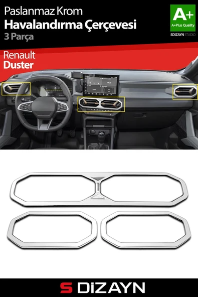 S-Dizayn Renault Duster Krom Havalandırma Çerçevesi 3 Prç. 2024 Üzeri (Parlak Krom) A+ Kalite ürün görseli 1