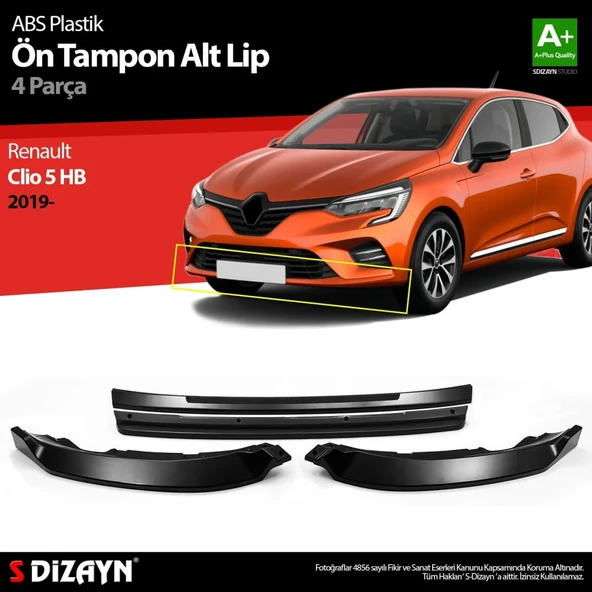 Renault Clio Uyumlu 5 Hatchback ABS Plastik Ön Tampon Alt Lip Siyah Ekli 4 Parça. 2019 Üzeri A+Kalite Parça ürün görseli 1