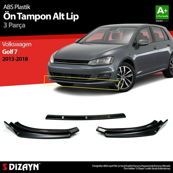 Volkswagen Golf Uyumlu 7 ABS Plastik Ön Tampon Alt Lip 3 Parça. 2013-2018 A+Kalite Parça ürün görseli 1