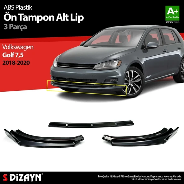 Volkswagen Golf Uyumlu 7,5 ABS Plastik Ön Tampon Alt Lip 3 Parça. 2018-2020 A+Kalite Parça ürün görseli 1