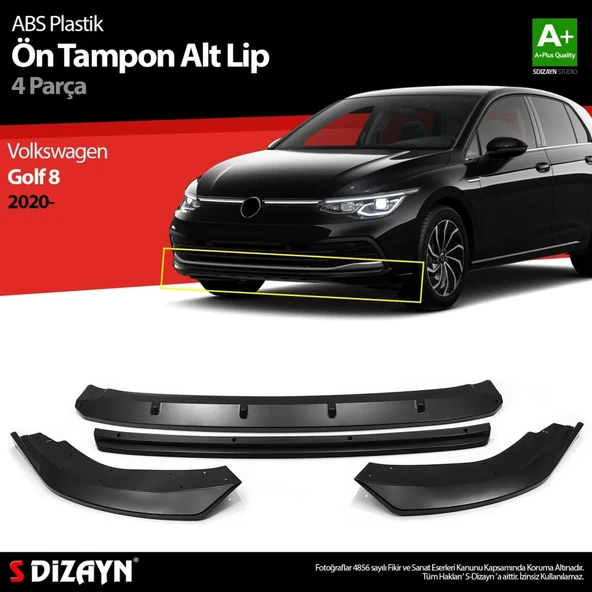 Volkswagen Golf Uyumlu 8 ABS Plastik Ön Tampon Alt Lip Siyah Ekli 4 Parça. 2020 Üzeri A+Kalite Parça ürün görseli 1