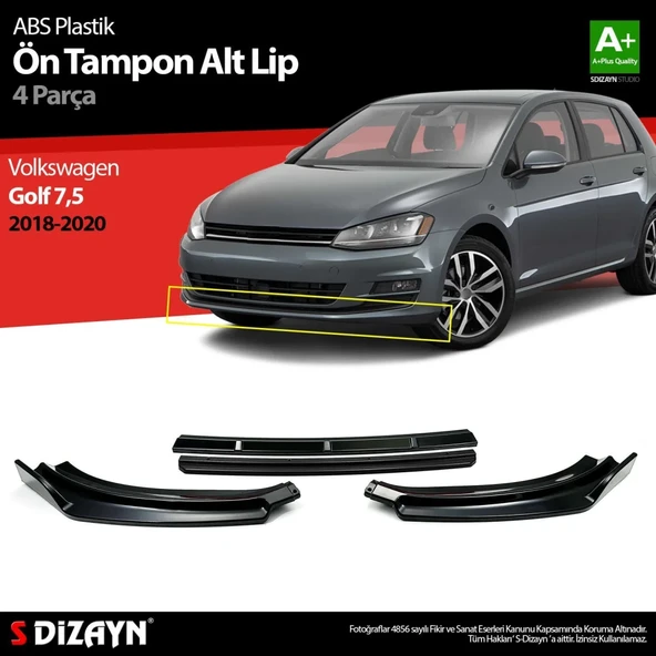Volkswagen Golf Uyumlu 7,5 ABS Plastik Ön Tampon Alt Lip Siyah Ekli 4 Parça. 2018-2020 A+Kalite Parça ürün görseli 1
