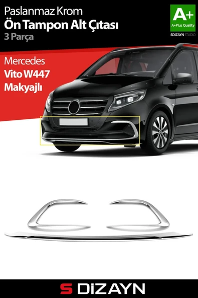 S-Dizayn Mercedes Vito W447 Makyajlı Krom Ön Tampon Alt Çıtası 3 Prç. 2024 Üzeri A+ Kalite ürün görseli 1