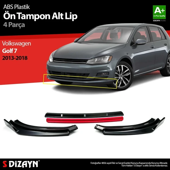 Volkswagen Golf Uyumlu 7 ABS Plastik Ön Tampon Alt Lip Kırmızı Ekli 4 Parça. 2013-2018 A+Kalite Parça ürün görseli 1