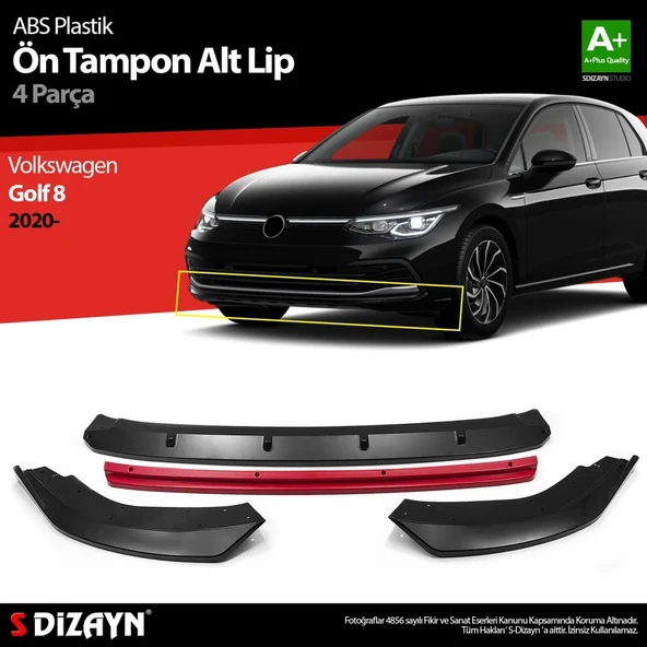 Volkswagen Golf Uyumlu 8 ABS Plastik Ön Tampon Alt Lip Kırmızı Ekli 4 Parça. 2020 Üzeri A+Kalite Parça ürün görseli 1