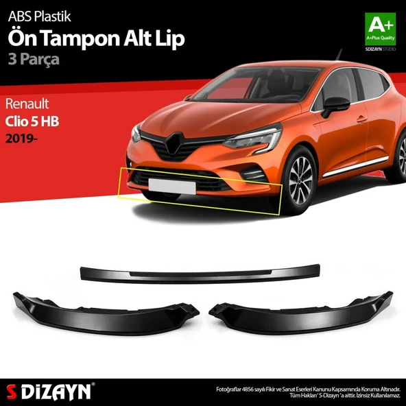 Renault Clio Uyumlu 5 Hatchback ABS Plastik Ön Tampon Alt Lip 3 Parça. 2019 Üzeri A+Kalite Parça ürün görseli 1