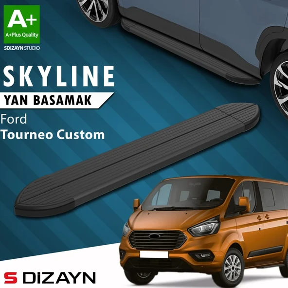 S-Dizayn Ford Tourneo Custom Kısa Şase Skyline Siyah Yan Basamak 203 Cm 2012-2023 A+ Kalite ürün görseli 1