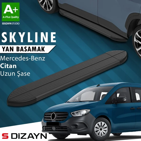 S-Dizayn Mercedes Citan Uzun Şase Skyline Siyah Yan Basamak 223 Cm 2012-2021 A+ Kalite ürün görseli 1