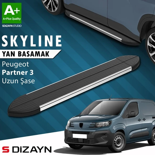 S-Dizayn Peugeot Partner 3 Uzun Şase Skyline Krom Yan Basamak 213 Cm 2018 Üzeri A+ Kalite ürün görseli 1