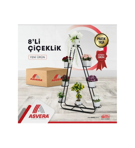 Asvera Üçgen 8 Katlı Büyük Boy Dekoratif Çiçeklik - Metal Dikey Bahçe Saksı Rafı Standı ürün görseli 1