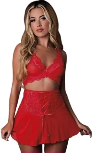 Kırmızı Dantel Bralette ve Mini Etek Takımı ürün görseli 1