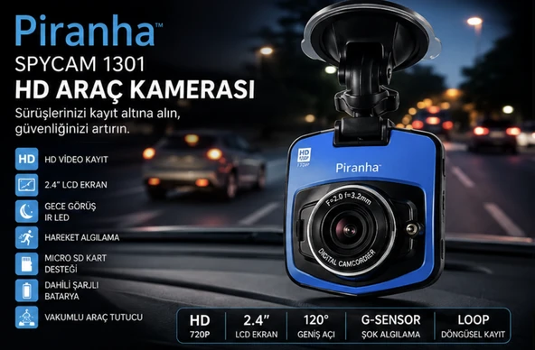 Piranha SPYCAM 1301 HD Araç Kamerası Car DVR Gece Görüşlü Dashboard Kamera ürün görseli 1