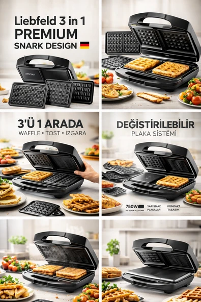 Liebfeld Alman Tasarım 3ü 1 Arada Tost Makinesi Waffle Izgara | Premium Snack Maker ürün görseli 1
