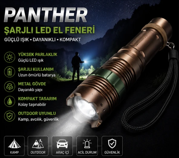 Panther Şarjlı Metal LED El Feneri Seti Güçlü Işık Outdoor Kamp Feneri ürün görseli 1