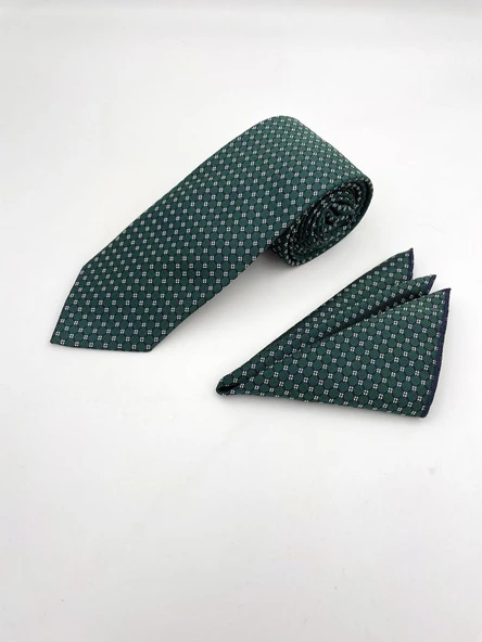 Brianze 8 Cm Yeşil Desenli Kravat Mendil Set - Resim 2